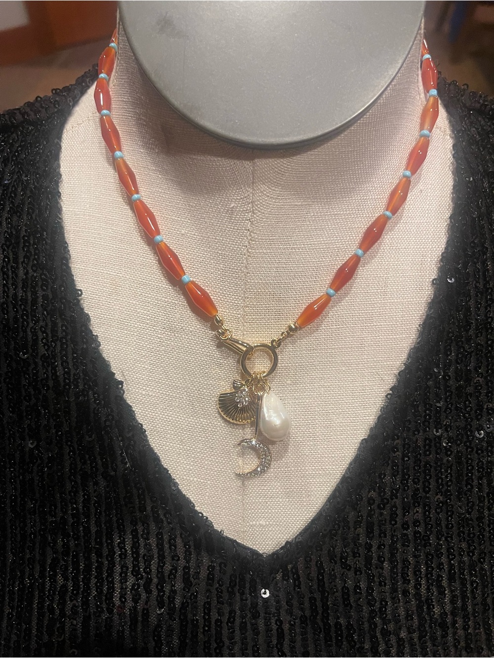 18” Gold Charm Necklace with Semi Precious stonPearl Drop, Moon, Seashell Charm